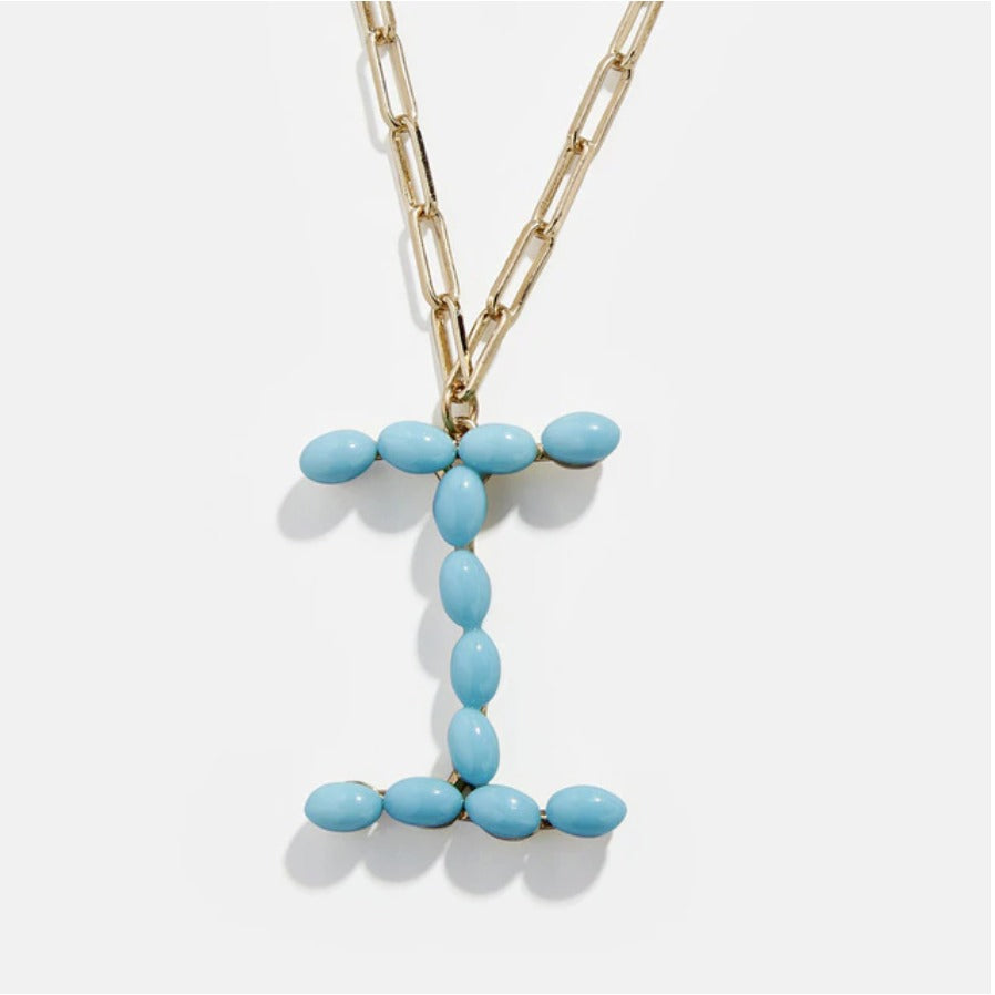 Blue Bead Paper Clip Chain Initial Letter "I" Name Necklace