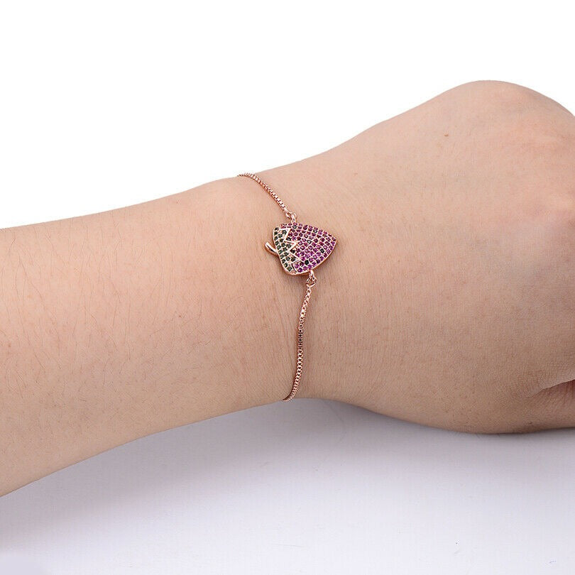 Silver Pink Strawberry Fruit Cubic Zirconia Stackable Adjustable Bracelet