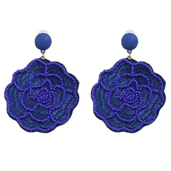 Dark Blue Beaded Flower Large Statement Dangle Women's Fashion Earrings