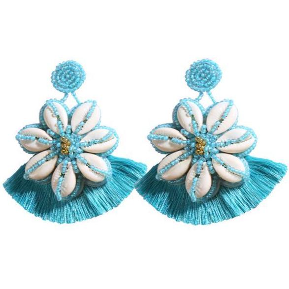 Turquoise Seashell Flower Beaded Glitter Drop Tassel Statement Earrings Summer