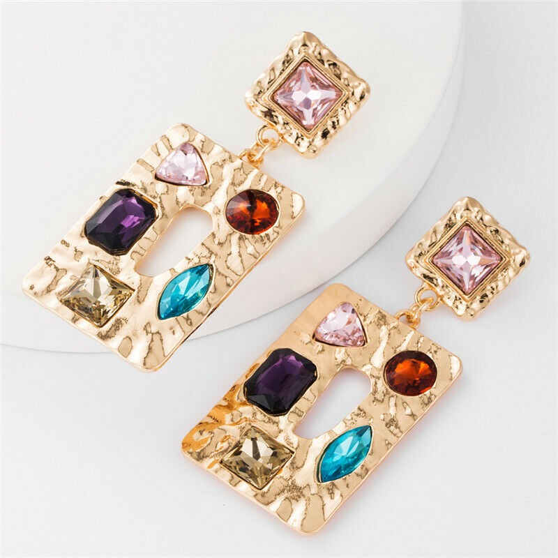 Large Gold Red Blue Rhinestone Baroque Rectangle Women's Fashion Party Earrings