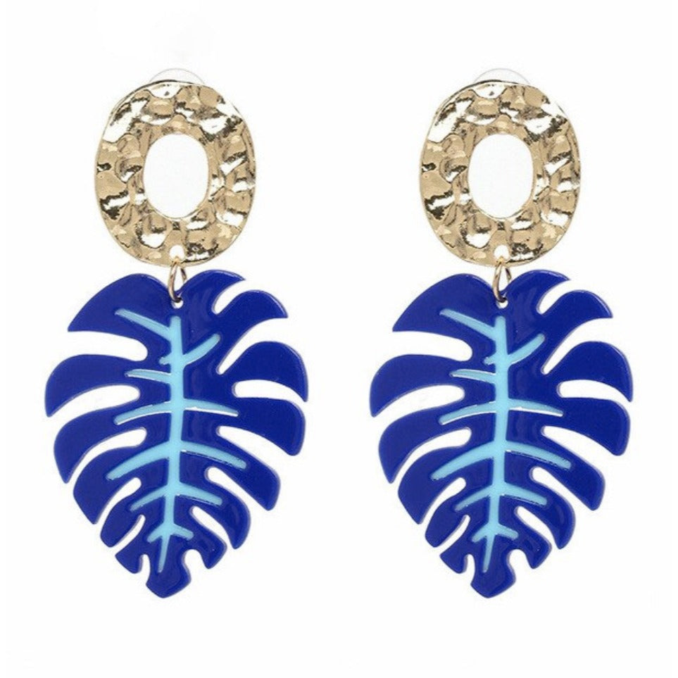 Banana Leaf Gold Blue Hammered Retro Acrylic Drop Women's Earrings Vacay Beach 