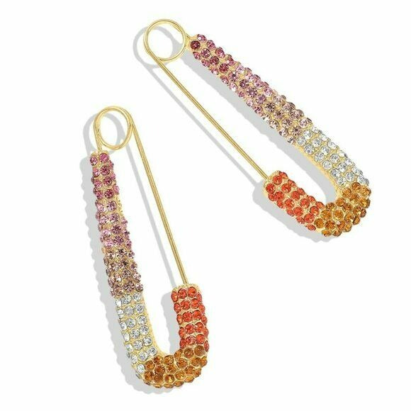 Pin Style Long Drop Pave Rhinestone Pink Red Gold Women's Earrings Boho Chic 