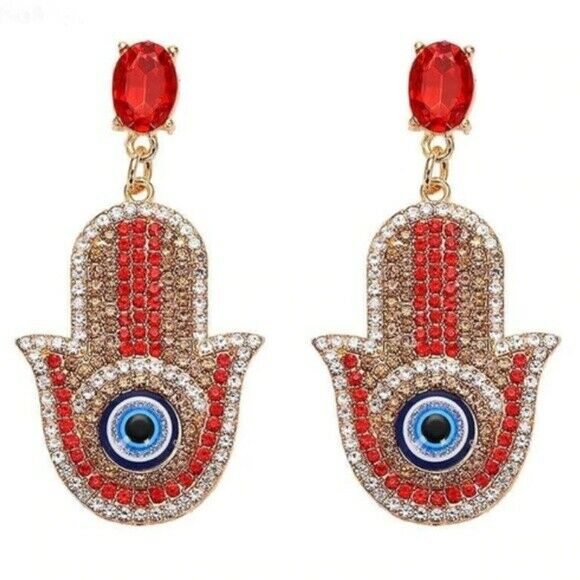Red Gold Evil Eye Hamsa Symbol Crystal Boho Drop Earrings