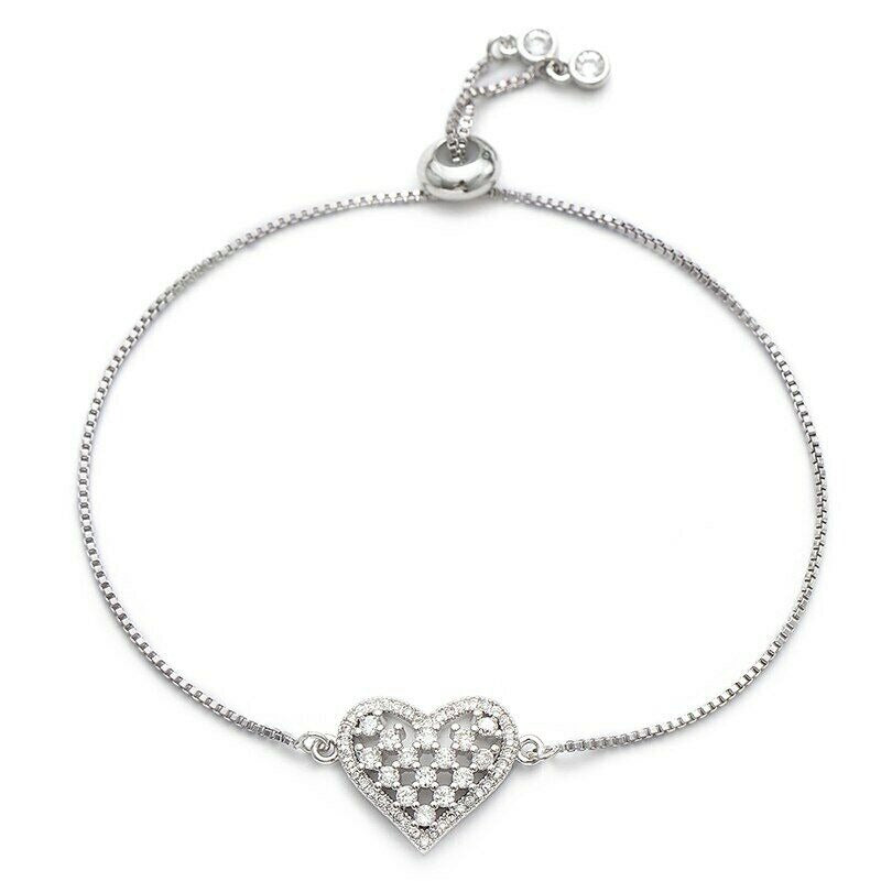 Darling Heart Love Cham Silver Cubic Zirconia Elegant Adjustable Bracelet