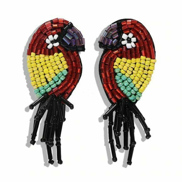 Red Yellow Black Parrot Exotic Dangle Bird Women's Fashion Earrings Fun Vacay