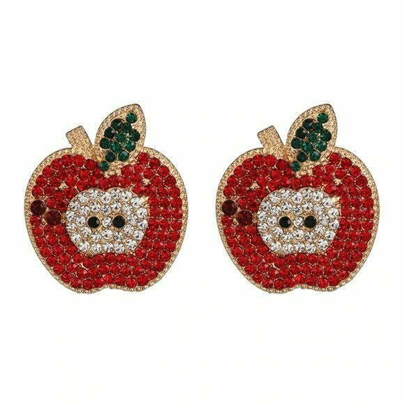 Red Gold Rhinestone Large Apple Fruit Women's Stud Earrings Cute Summer
