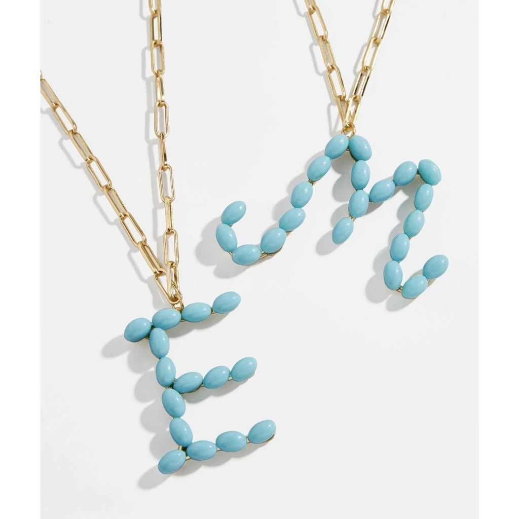 Blue Beaded Letter "W" Gold Paperclip Name Necklace