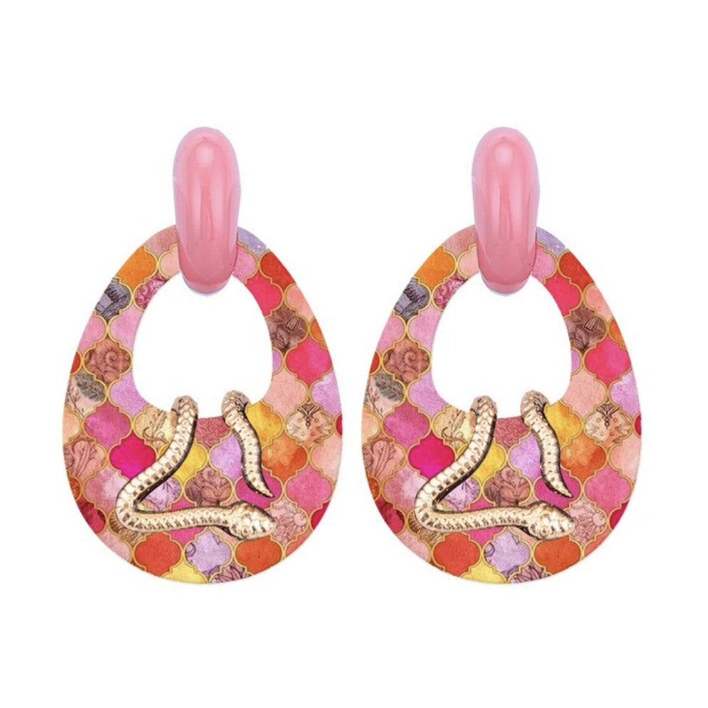 Large Pear Shaped Pink Gold Snake Baroque Dangle Mosaic Earrings