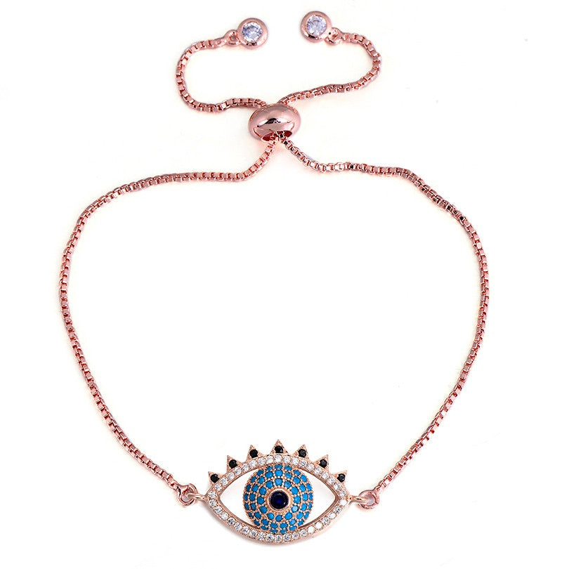 Vibrant Blue Evil Eye Pave Cubic Zirconia Rose Gold Adjustable Bracelet