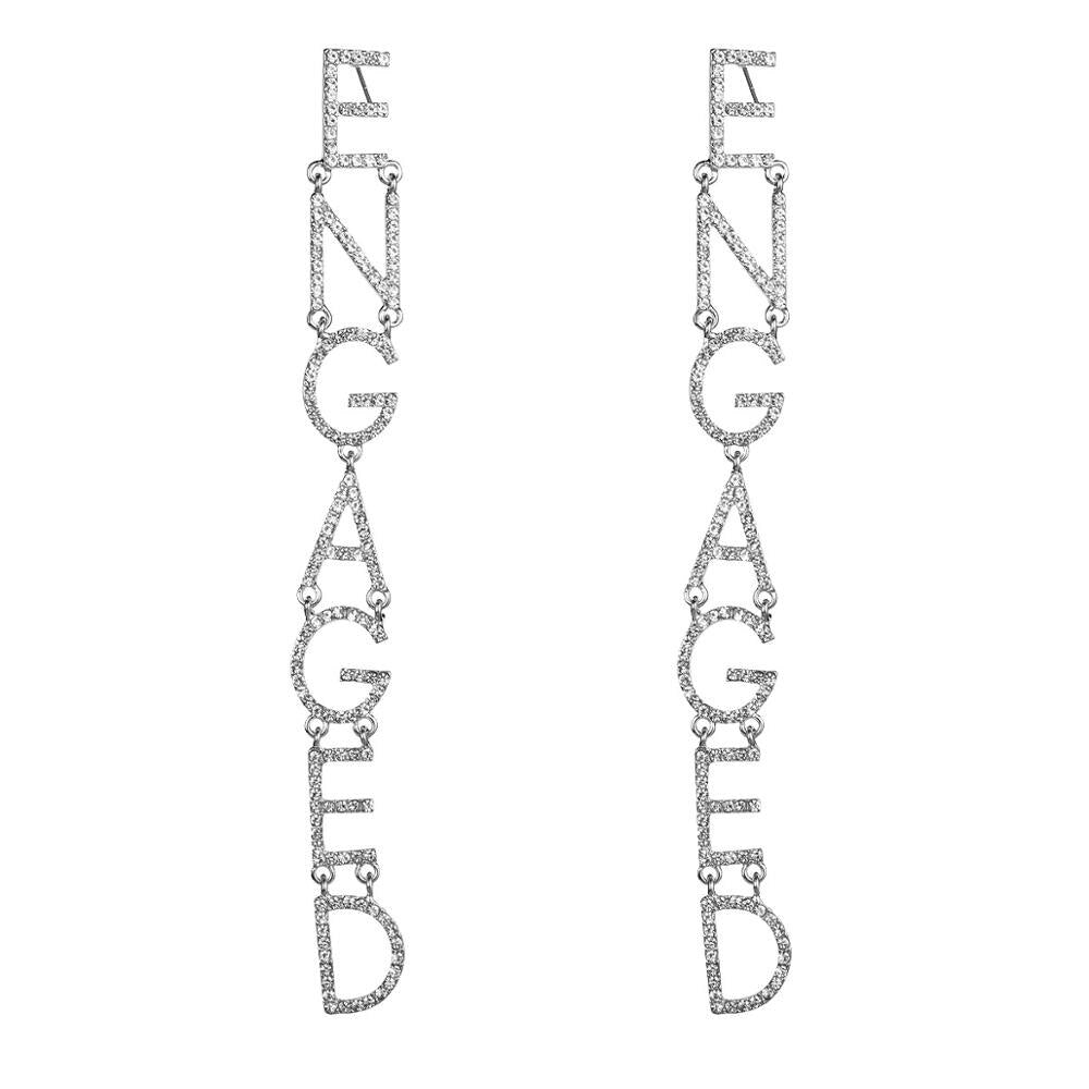 Long Silver Rhinestone "Engaged" Women's Earrings Bachelorette Party Night Out