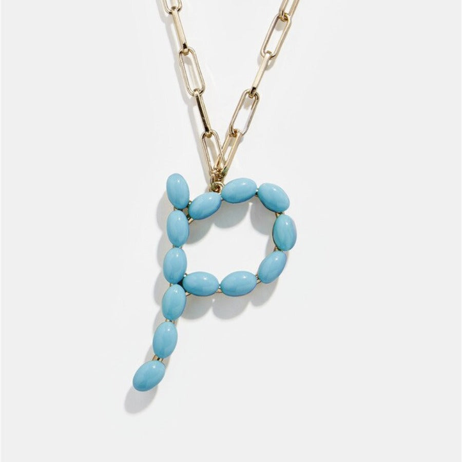 Blue Bead Paper Clip Chain Initial Letter "P" Name Necklace