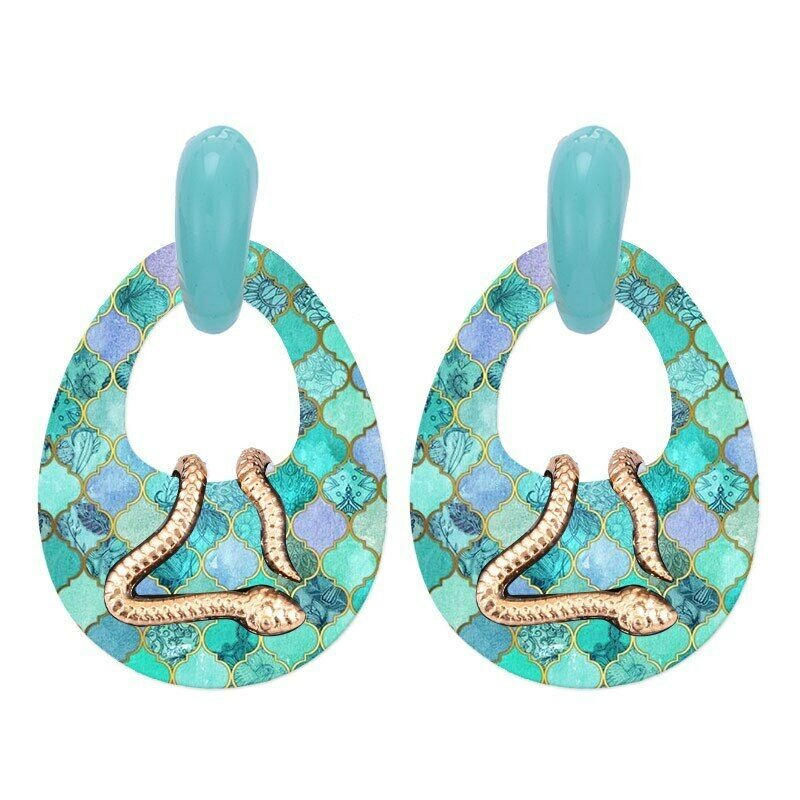 Large Pear Shaped Blue Gold Snake Baroque Dangle Boho Chic Women's Earrings
