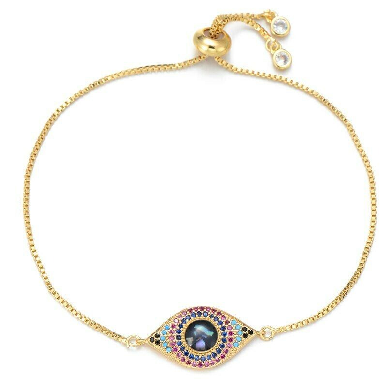 18k Gold Blue Cubic Zirconia Large Evil Eye Symbol Boho Women's Bracelet