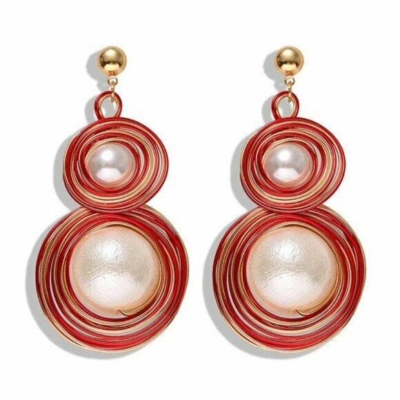 Gold Red Wired Contemporary Round Large Pearl Drop Elegant Women's Earrings