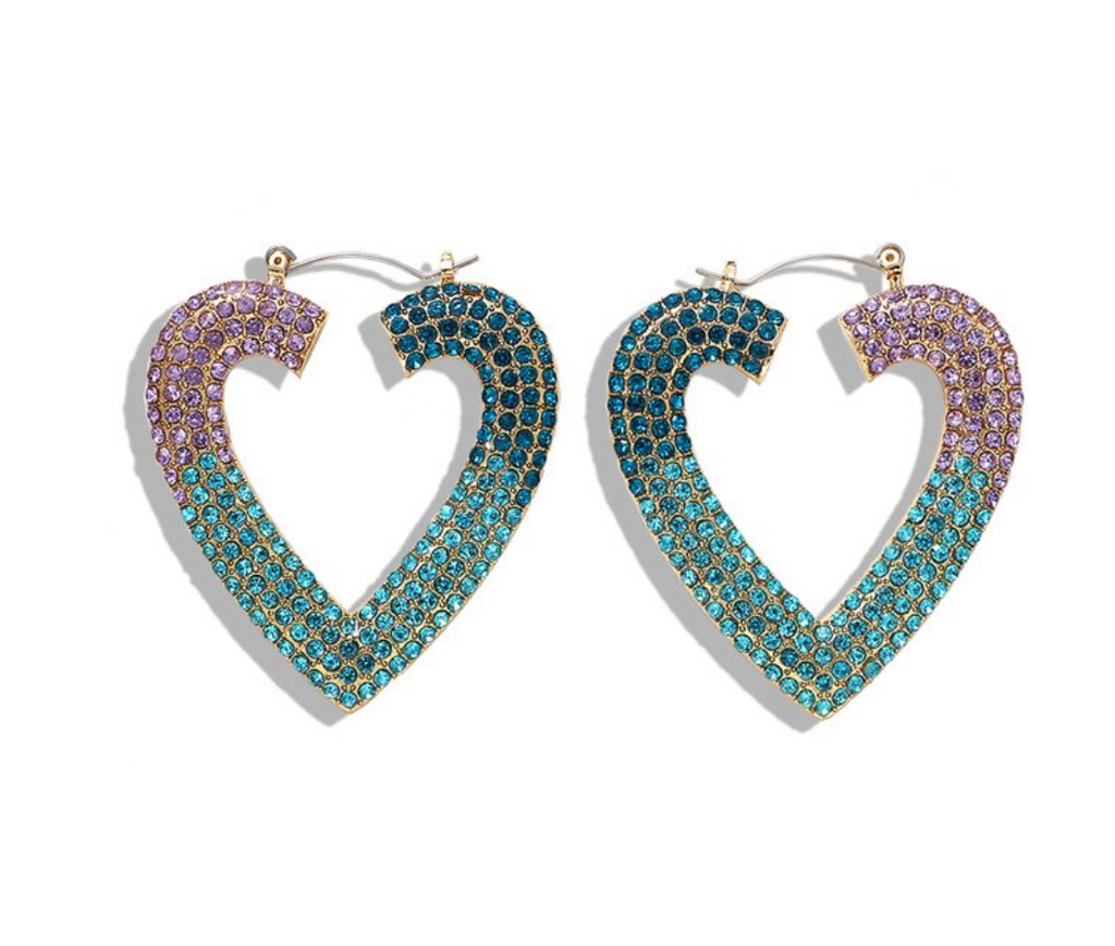 Blue Purple Round Ombre Crystal Heart Large Hoop Women's Earrings