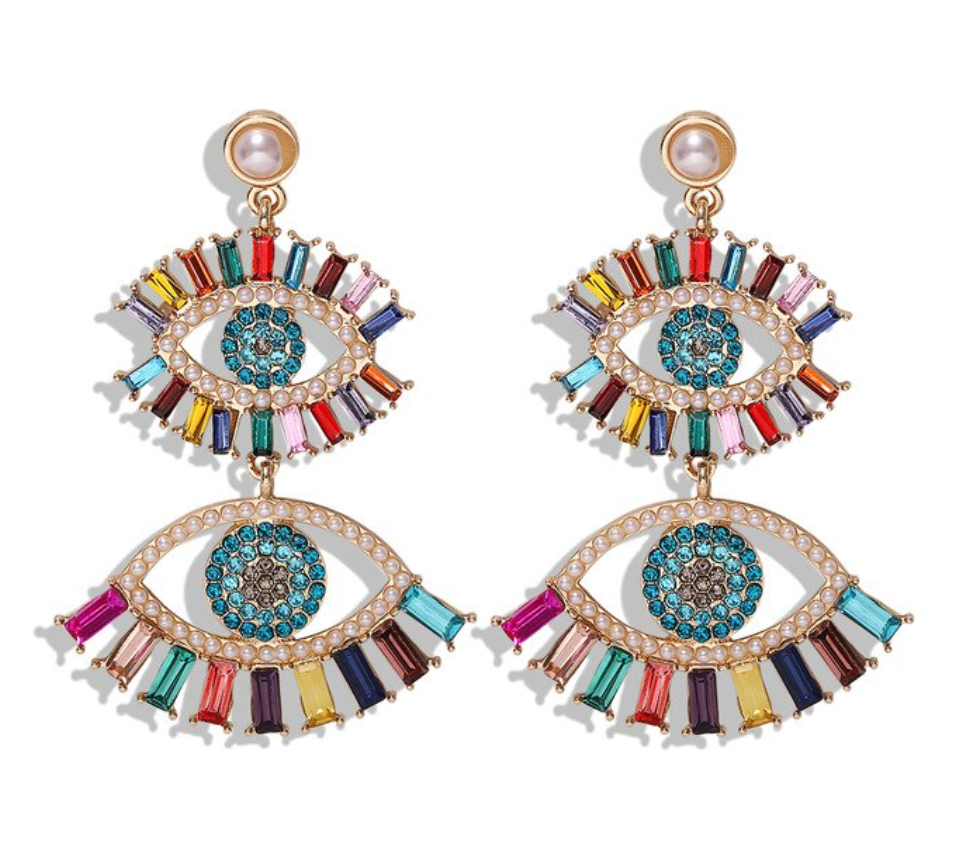 Multi Color Rainbow Evil Eye Protection Symbol Large Boho Drop Women's Earrings
