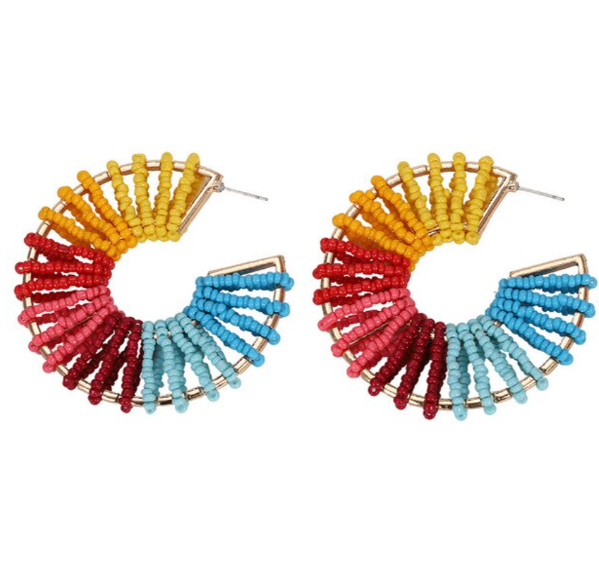 Rainbow Multi-Color Beaded Round Large Hoop Earrings