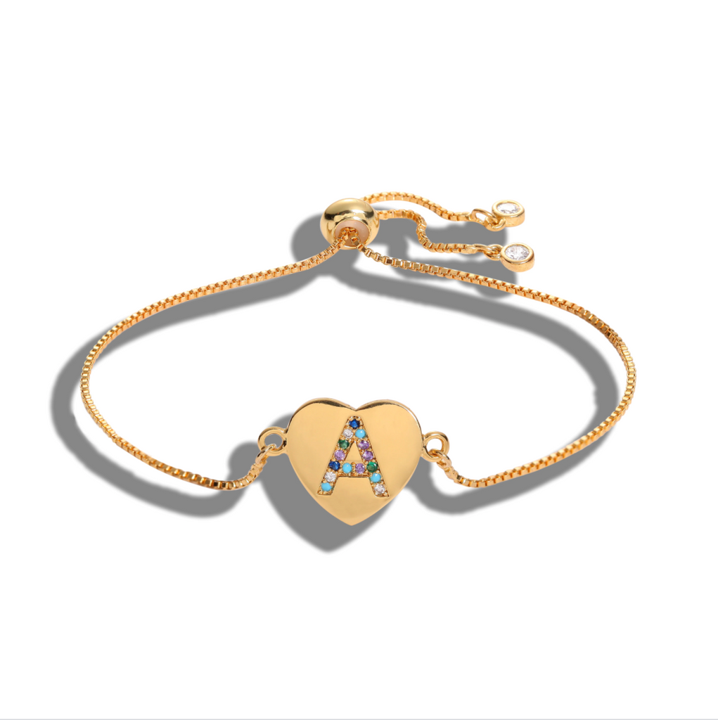 Gold Multi-color Cubic Zirconia Letter "A" Initial Name Heart Bracelet Love