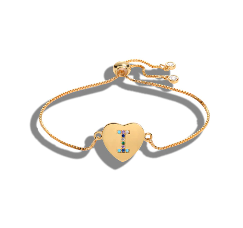 Heart Shaped Letter "I" Multi-Color Cubic Zirconia Yellow Gold Initial Bracelet