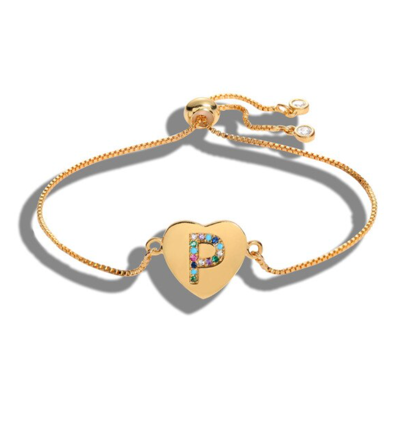 Heart Shaped Letter "P" Multi-Color Cubic Zirconia Yellow Gold Initial Bracelet