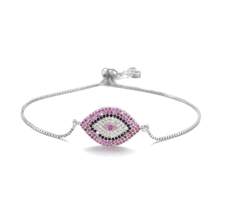 Evil Eye Pink Pave Cubic Zirconia Silver Adjustable Bracelet