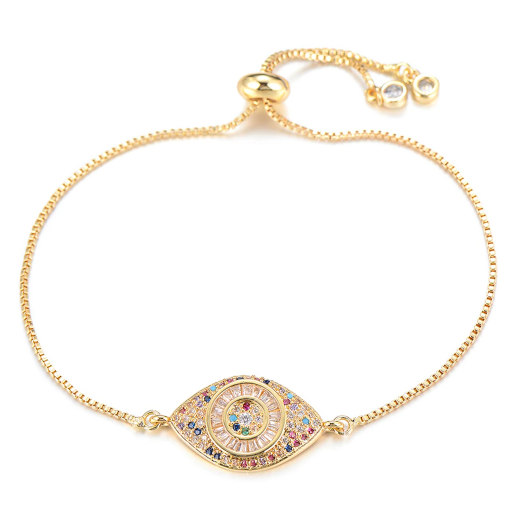 Mosaic Evil Eye Multi-Color Cubic Zirconia Gold Adjustable Bracelet