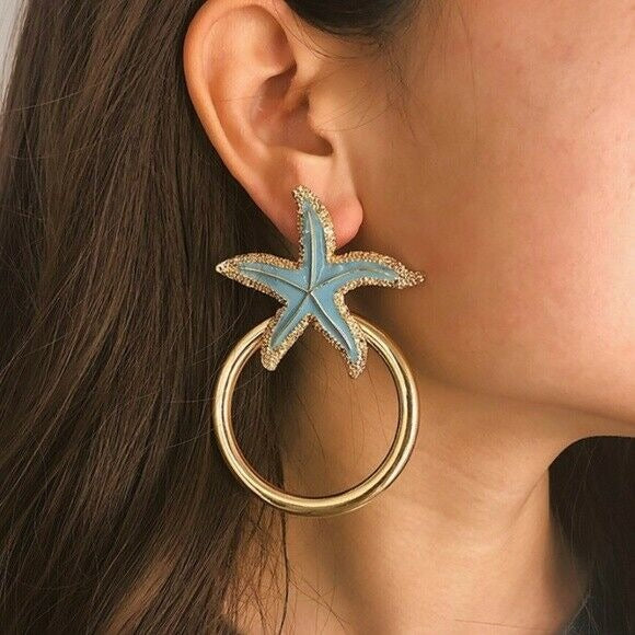 Gold Blue Enamel Starfish Large Hoop Drop Statement Women's Fashion Earrings 