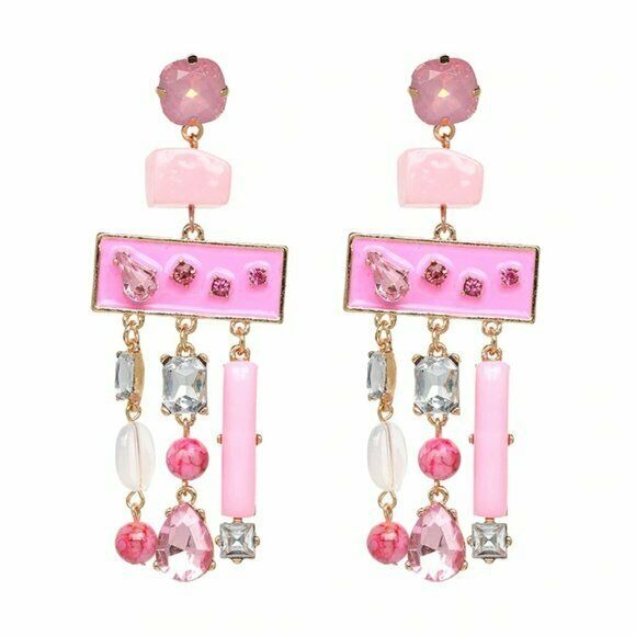 Pink Gold Geometric Rhinestone Boho Retro Long Women's Fashion Earrings