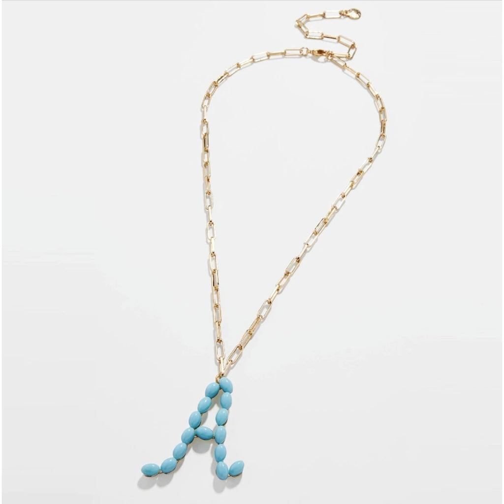 Blue Beaded Letter "M" Gold Paperclip Name Necklace