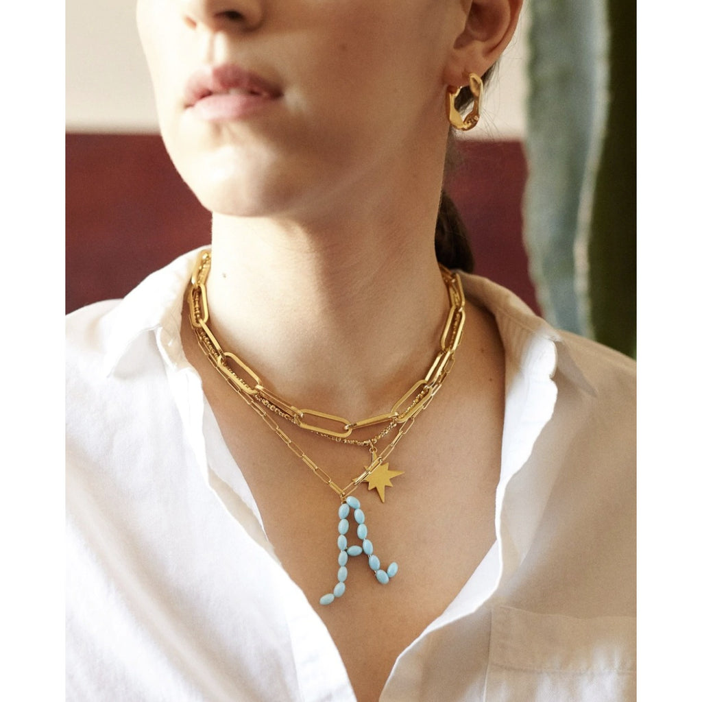 Blue Beaded Letter "M" Gold Paperclip Name Necklace