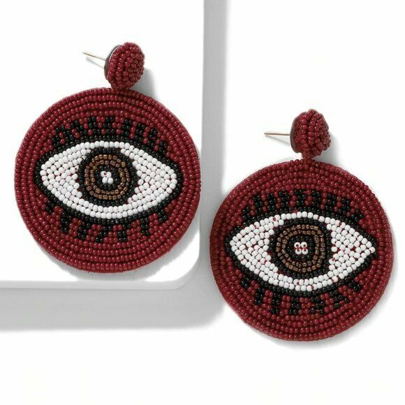 Black Brown Evil Eye Protection Symbol Boho Large Round Beaded Women's Earrings