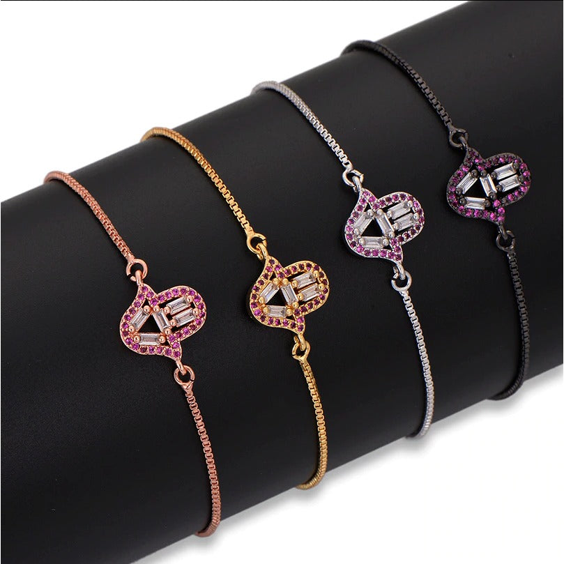 Small Gold Hot Pink Hamsa Hand Boho Cubic Zirconia Women's Adjustable Bracelet
