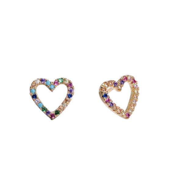 Gold Multi Color Rhinestone Small Heart Stud Earrings