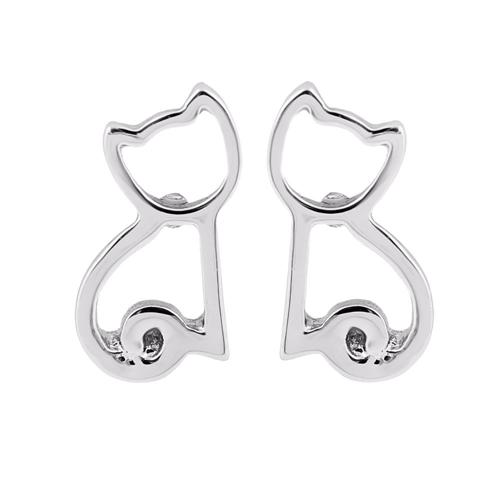 Silver Dainty Cat Silhouette Small Stud Earrings