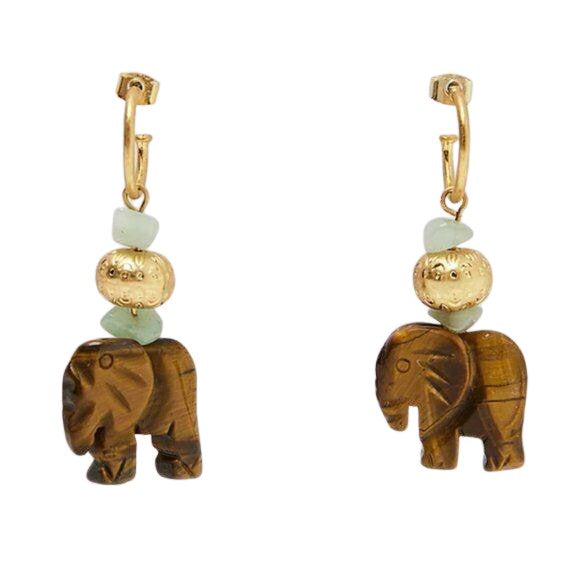 Gold Green Wooden Elephant Boho African Animal Dangle Fashion Earrings