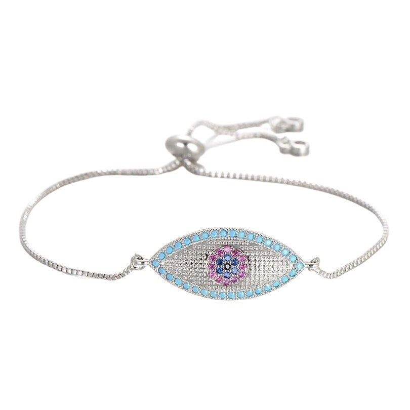 Large Silver Blue Evil Eye Boho Cubic Zirconia Women's Adjustable Bracelet