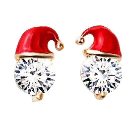 Red Santa Hat Round Cubic Zirconia Christmas Stud Earrings