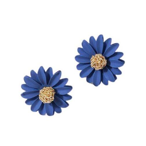 Blue Gold Large Daisy Flower Stud Earrings Nature Chic Elegant