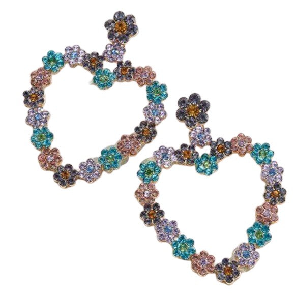 Blue Flower Heart Shaped Large Drop Dangle Women's Earrings
