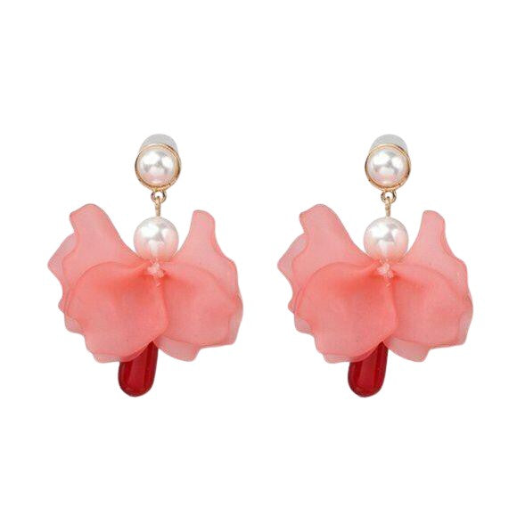 Red Flower Petal & Dangle Pearl Earrings