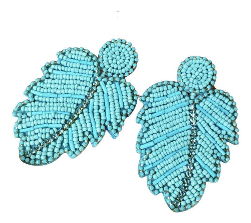 Large Turquoise Beaded Crystal Leaf Boho Chic Earrings
