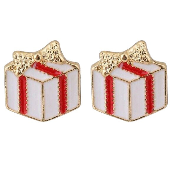 Gold Red Christmas Present Gift Cute Stud Earrings