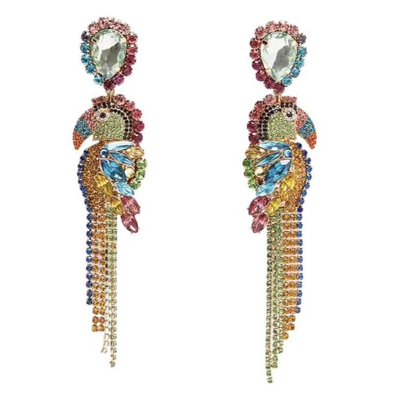 Multicolor Rainbow Rhinestone Long Parrot Crystal Earrings