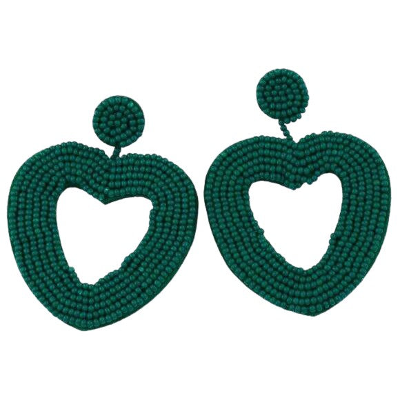 Large Heart Green Beaded Statement Dangle Women's Earrings