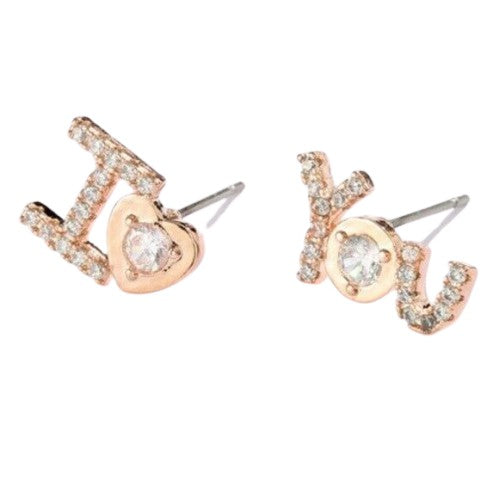 "I Heart You" Cubic Zirconia Rose Gold Stud Earrings