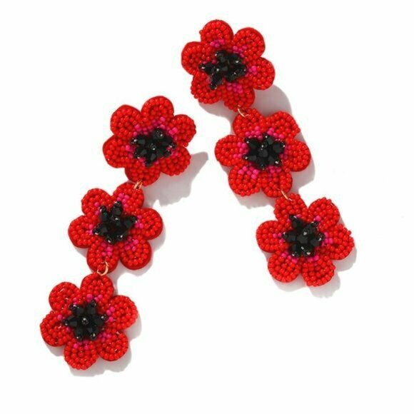 Red Black Beaded Long Flower Drop Statement Women's Earrings Summer Nature 