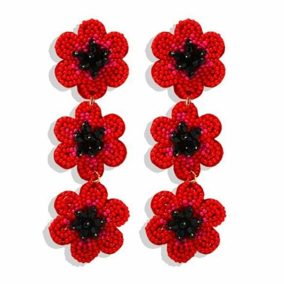 Red Black Beaded Long Flower Drop Statement Women's Earrings Summer Nature 
