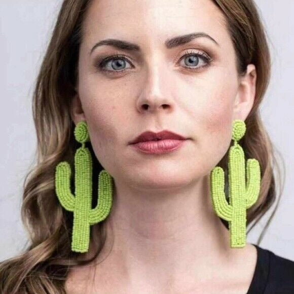 Green Beaded Cactus Long Dangle Statement Women's Earrings Sand Desert Party Fun