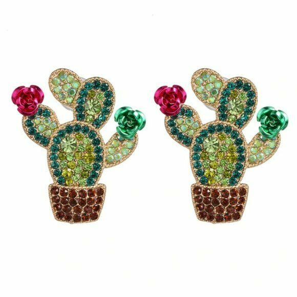 Red Green Rhinestone Cactus Rose Flower Fun Plant Women's Fashion Earrings